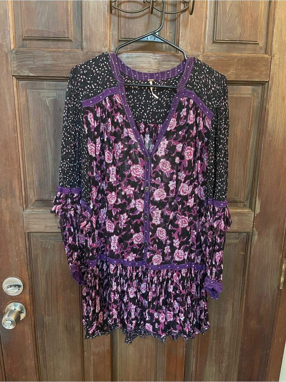 Free People Rose Bud Boho Violet Floral V-Neck Peasant Tunic Top - Picture 5 of 9